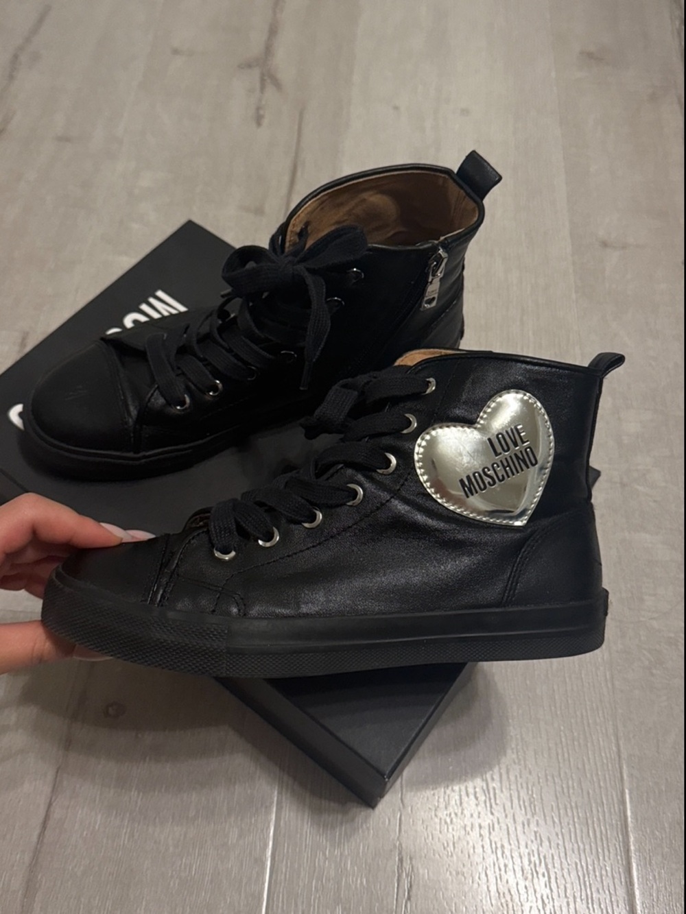 Love Moschino Black High-Top Sneakers with Silver Heart Patch